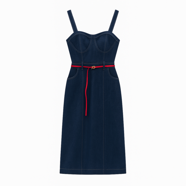 20251118_1043_Denim Dress Display_remix_01kaawxyk4fgav2ptzr6dskc51 (1) پیراهن جین با کمربند قرمز - Image 1