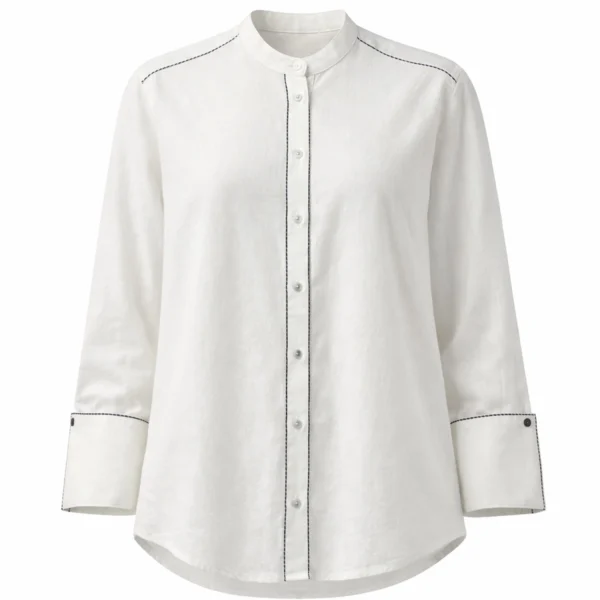 20251221_1241_White Shirt Detail_remix_01kd02tg82e0p87752r7t2xpj7 شومیز لینن سفید آستین دوبل با دوخت تزئینی و دکمه سردست - Image 1