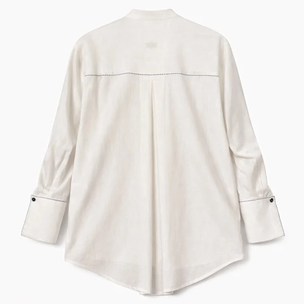 شومیز لینن سفید آستین دوبل با دوخت تزئینی و دکمه سردست - Image 4