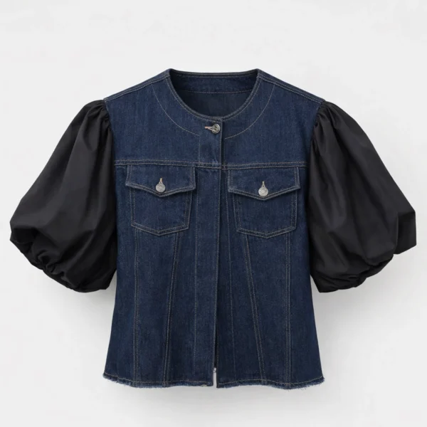 20251221_1648_Denim Puff-Sleeve Top_remix_01kd0gy533et39dxfq71p8tm8r وست جین با آستین پفی تافته - Image 1